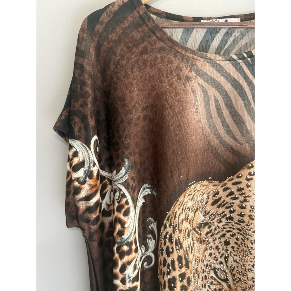 Blossom By P Leopard Tunic Top Rhinestone Bling Slinky Knit Animal Ruched L/XL - Picture 4 of 13